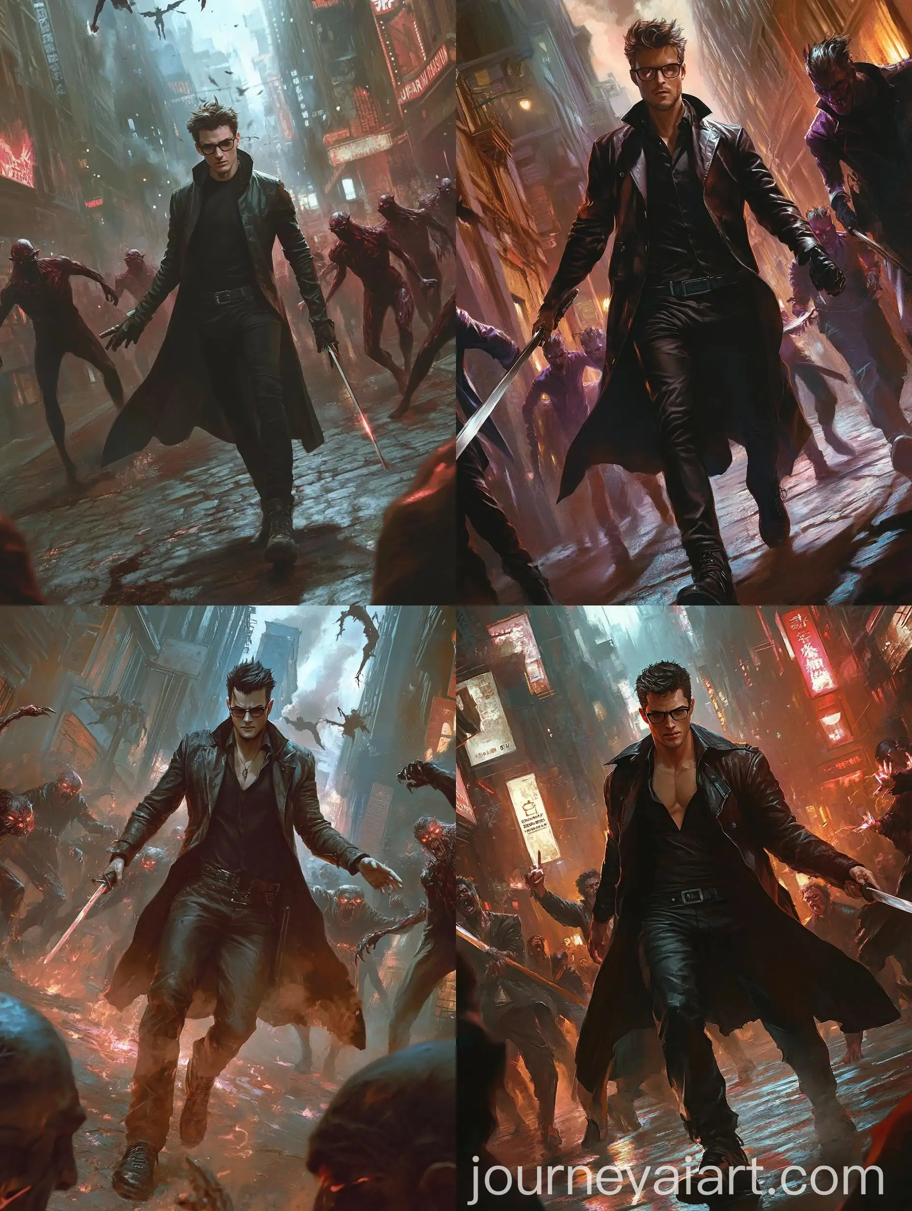 Cyberpunk-Sorcerer-Battling-Vampires-in-Futuristic-City