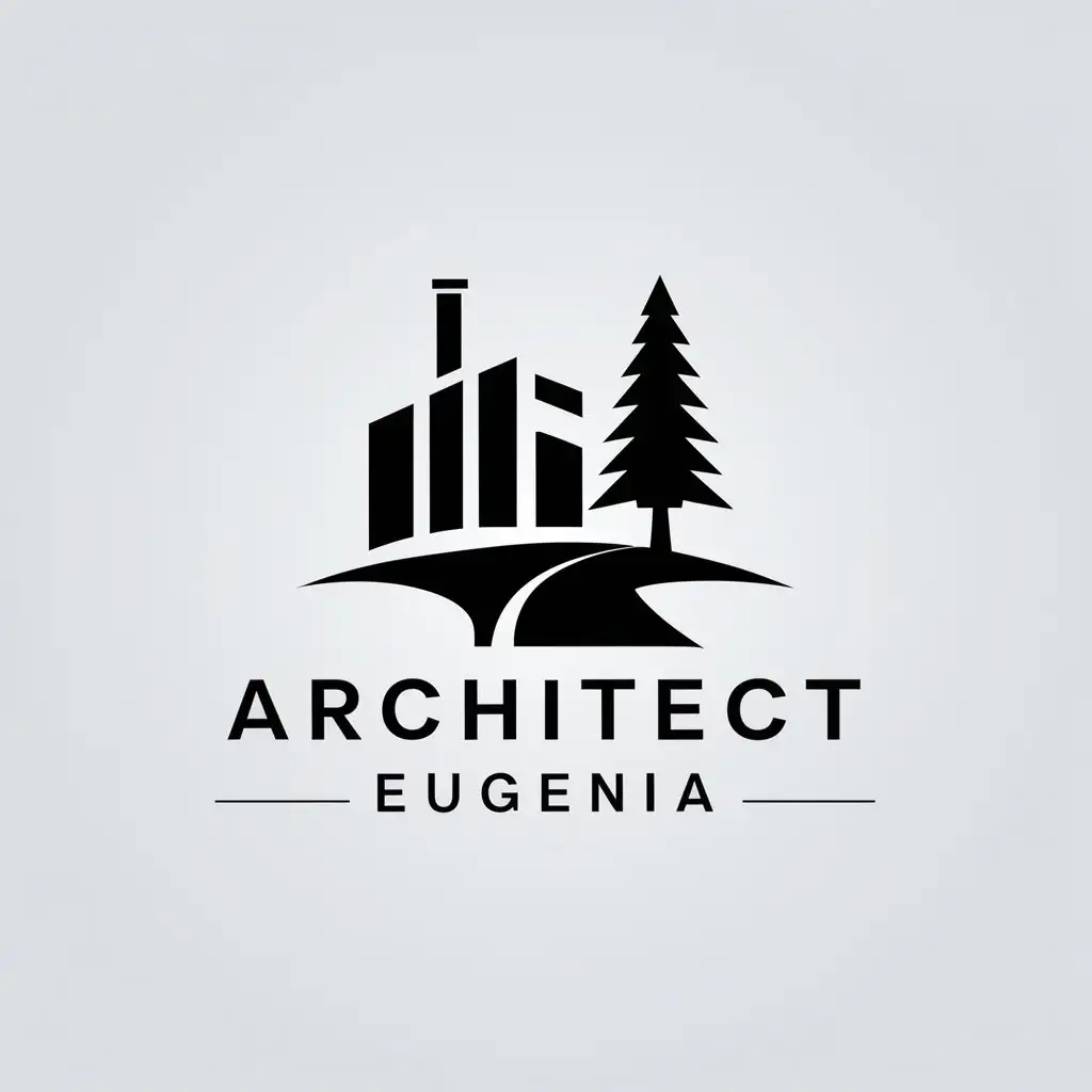 a logo design,with the text "Architect Eugenia", main symbol:Industrial building, pine tree, road,Moderate,be used in Projecting industry,clear background