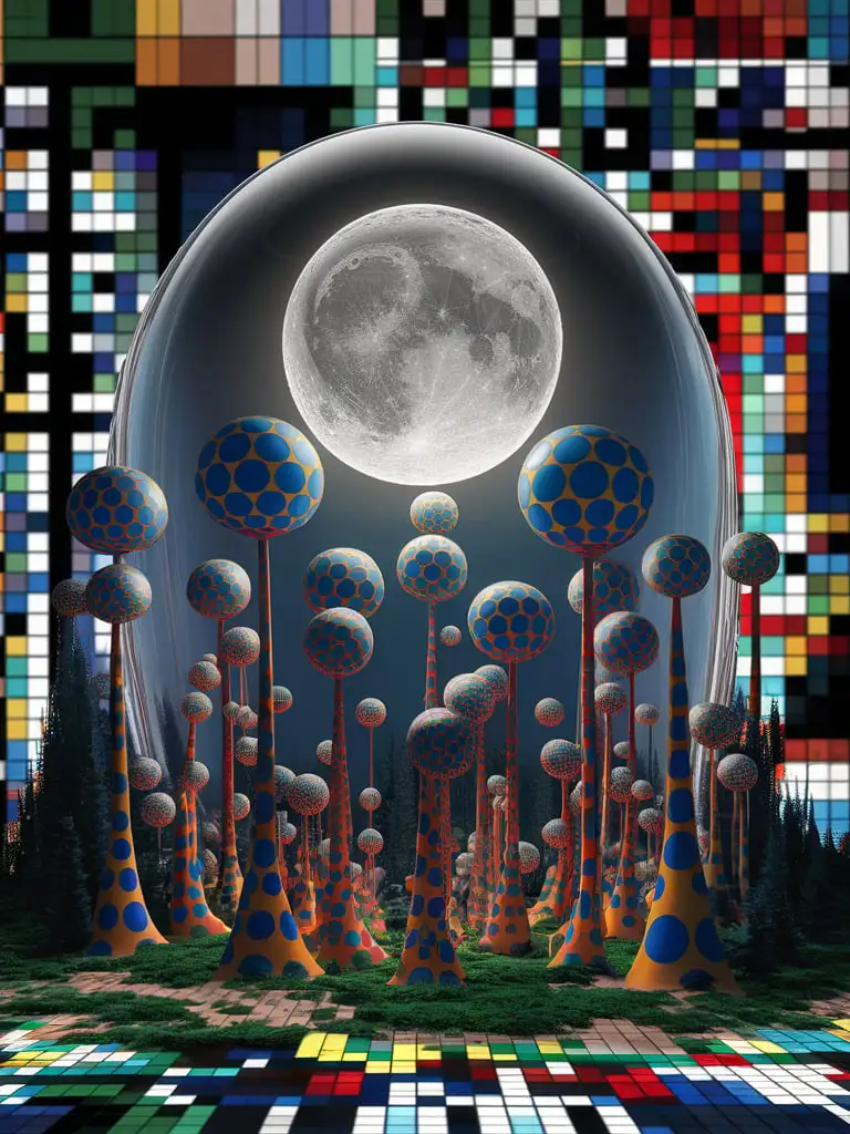 Bubble-Moon-in-Yayoi-Kusama-Style-Forest-Futuristic-Realism-with-Pixels-and-Web-3