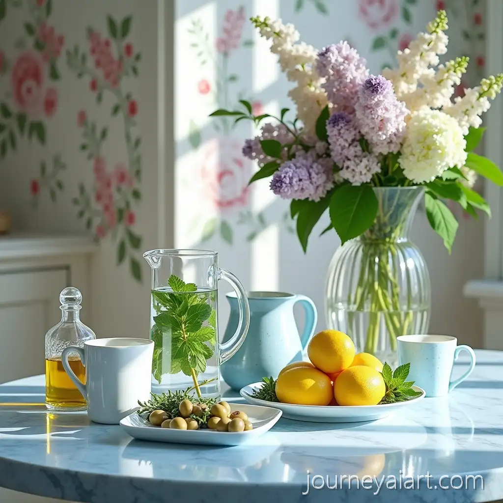 Elegant-kitchen-with-mintElegant-Morning-Kitchen-Setup-with-Mint-Lemons-and-Fresh-Flowers