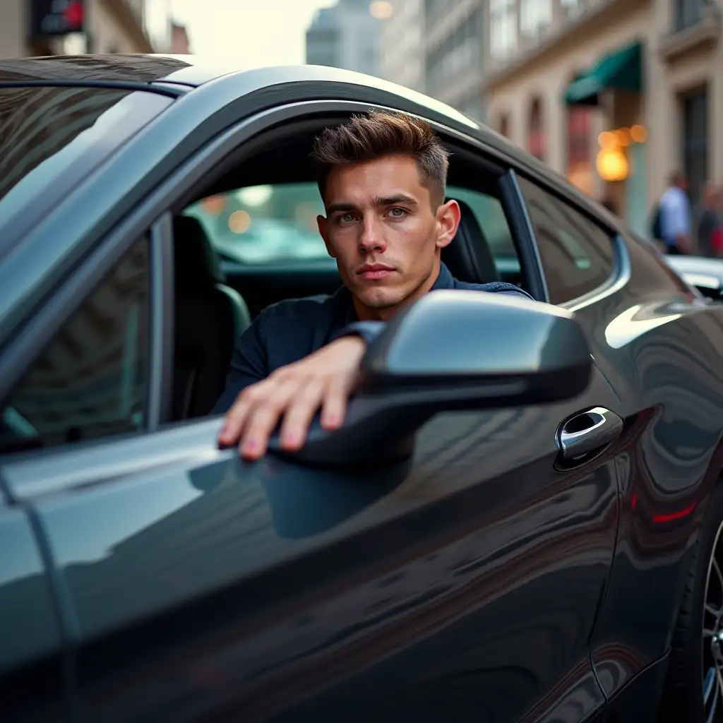 A 21-year-old young man with short hair and no facial hair sitting inside a Ford Mustang Shelby, parked on a city street. He is posing confidently, with his hands on the steering wheel or resting on the car door. The Mustang has a sleek, polished body reflecting the urban lights. The background features a lively city street with some blurred traffic and modern buildings. The lighting is natural, creating a cool and stylish atmosphere