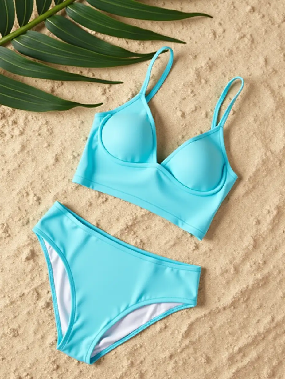 A product image displayed 90 degree angle of a light blue two-piece swimsuit laying on Caribbean sand