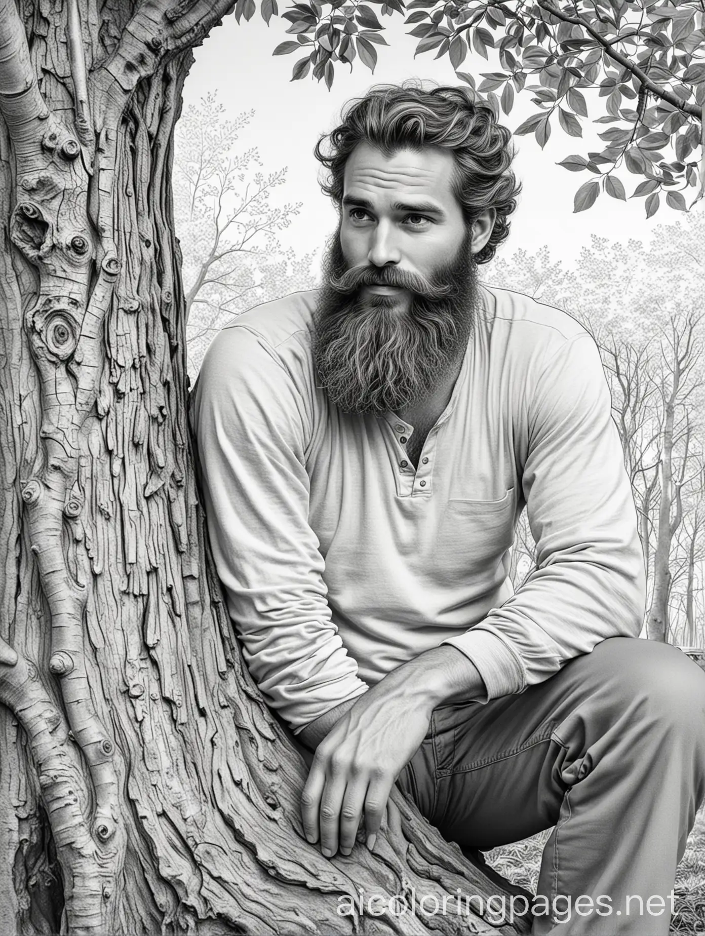 Bearded-Man-Relaxing-by-Tree-Line-Art-Coloring-Page