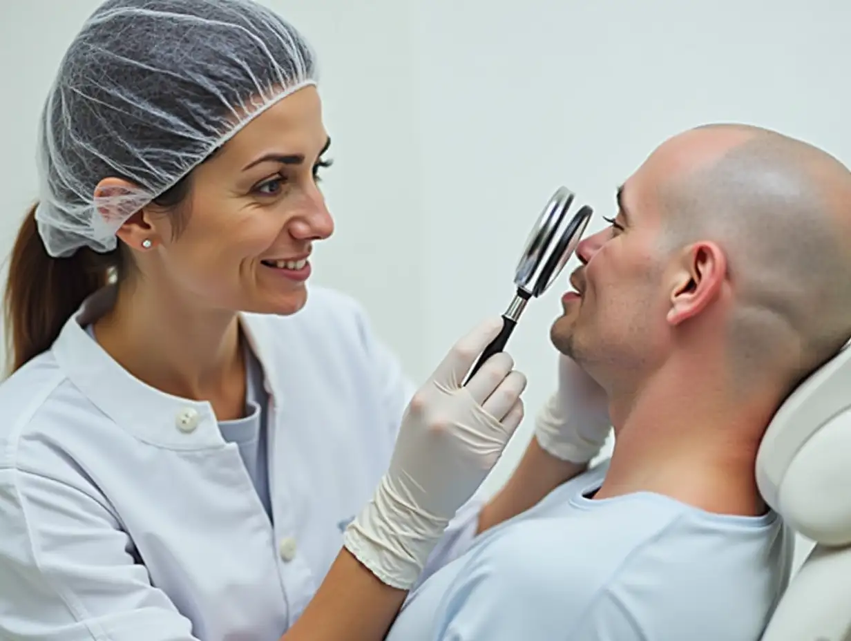 Gloved woman dermatologist examining skin of bald patient with magnifying glass.