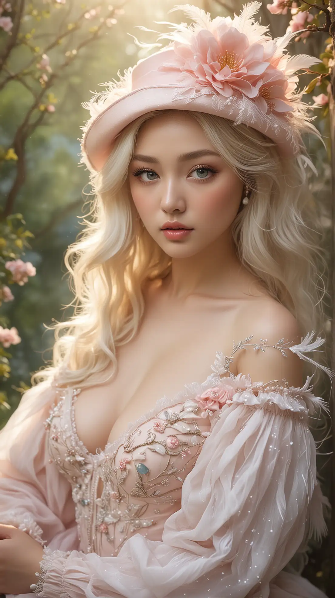 Whimsical-Spring-Fashion-Portrait-of-a-Korean-Supermodel-with-Birds-and-Blossoms