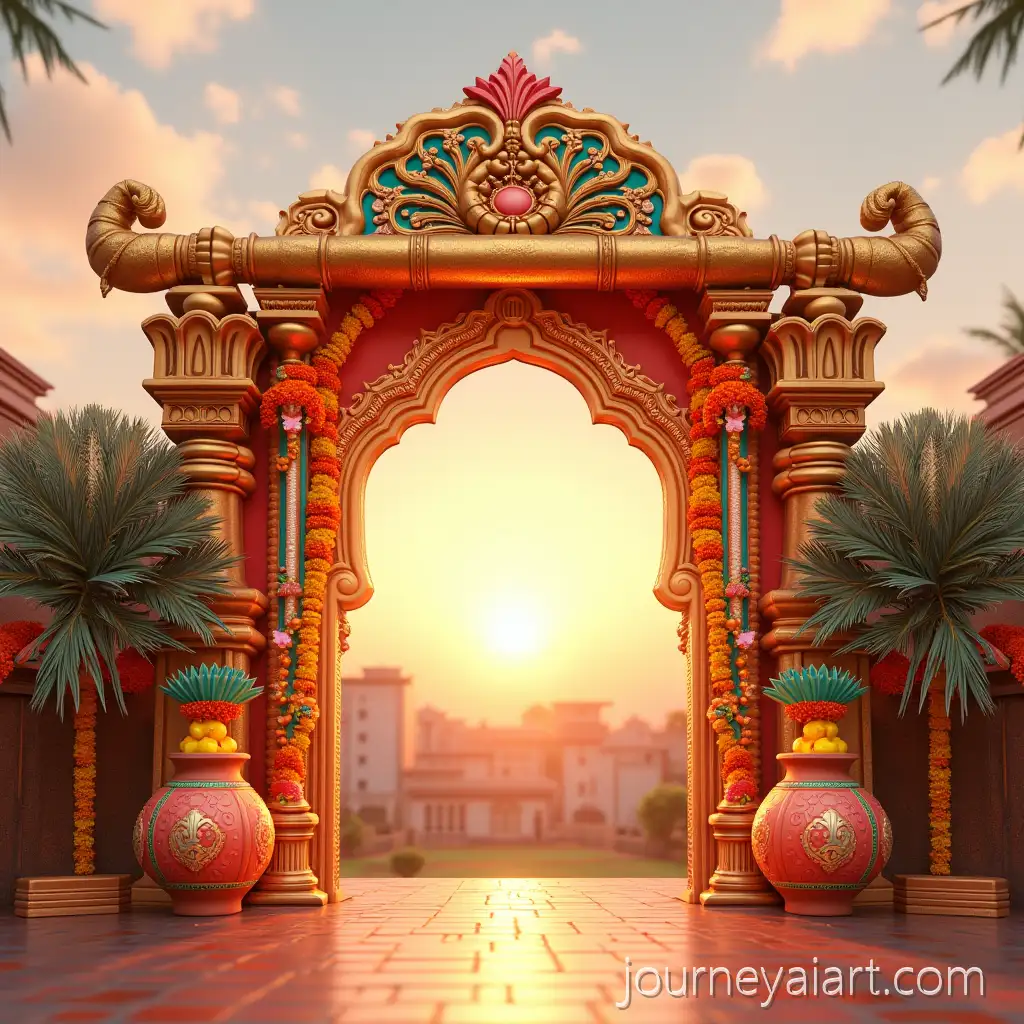 Grand-3D-Krishna-Janmashtami-Event-EntranceKrishna-Janmashtami-Entrance-Arch-with-Golden-Flute-and-Marigold-Garlands