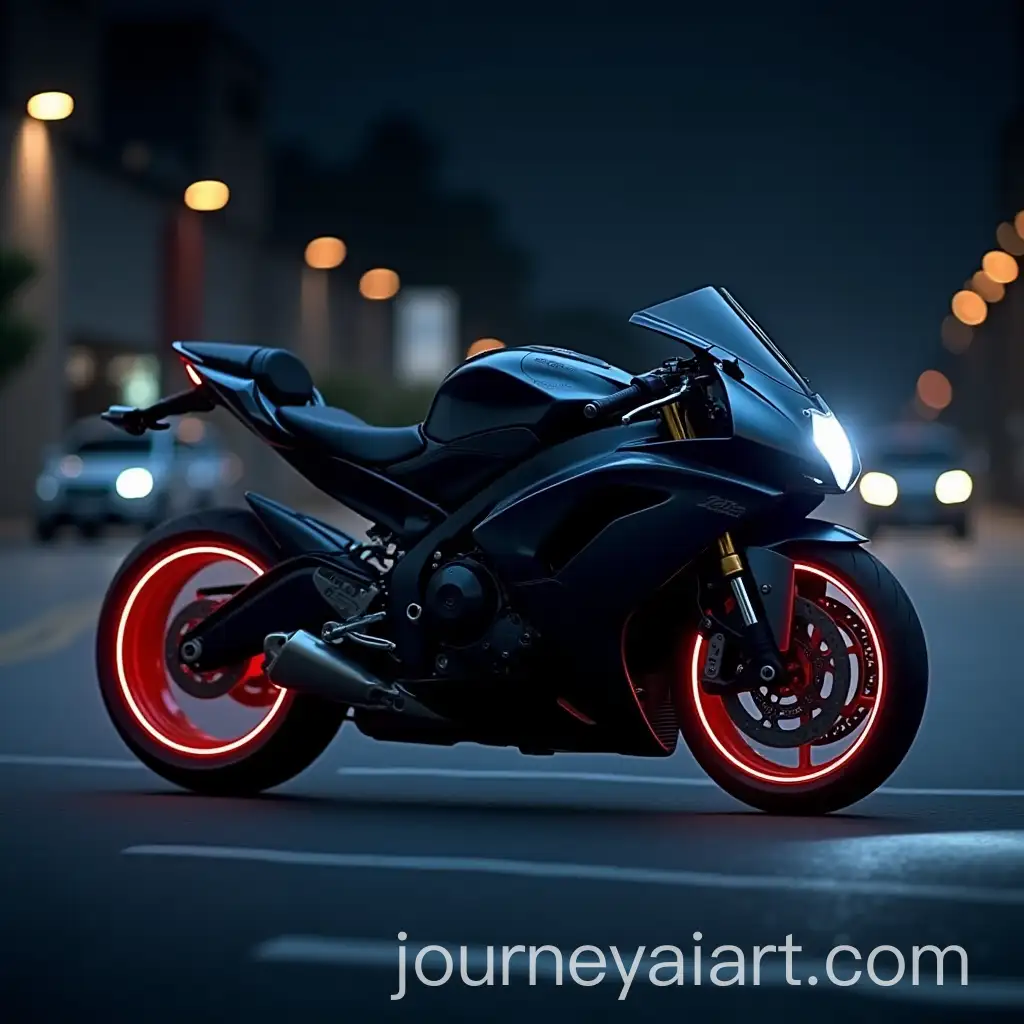 Sleek-Modern-Motorcycle-Turning-on-Dimly-Lit-City-Street