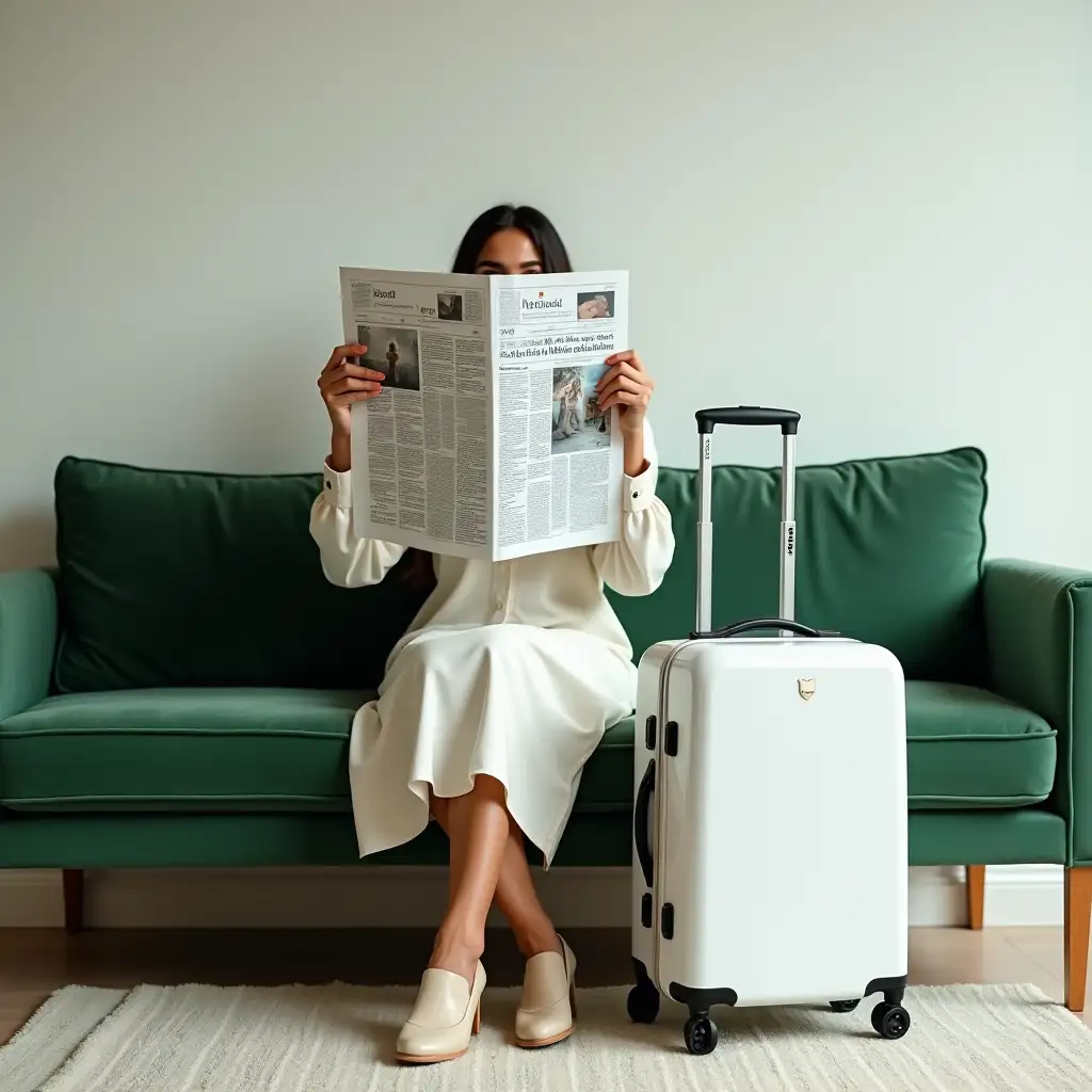 Minimalist Style Photography of Woman with Newspaper and Luggage on Green Velvet Sofa