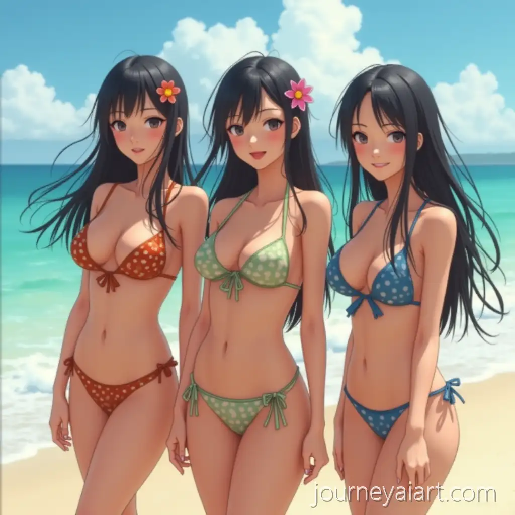 Three-Young-JapaneseHawaiian-Women-in-Bikinis-on-a-Sunny-Beach