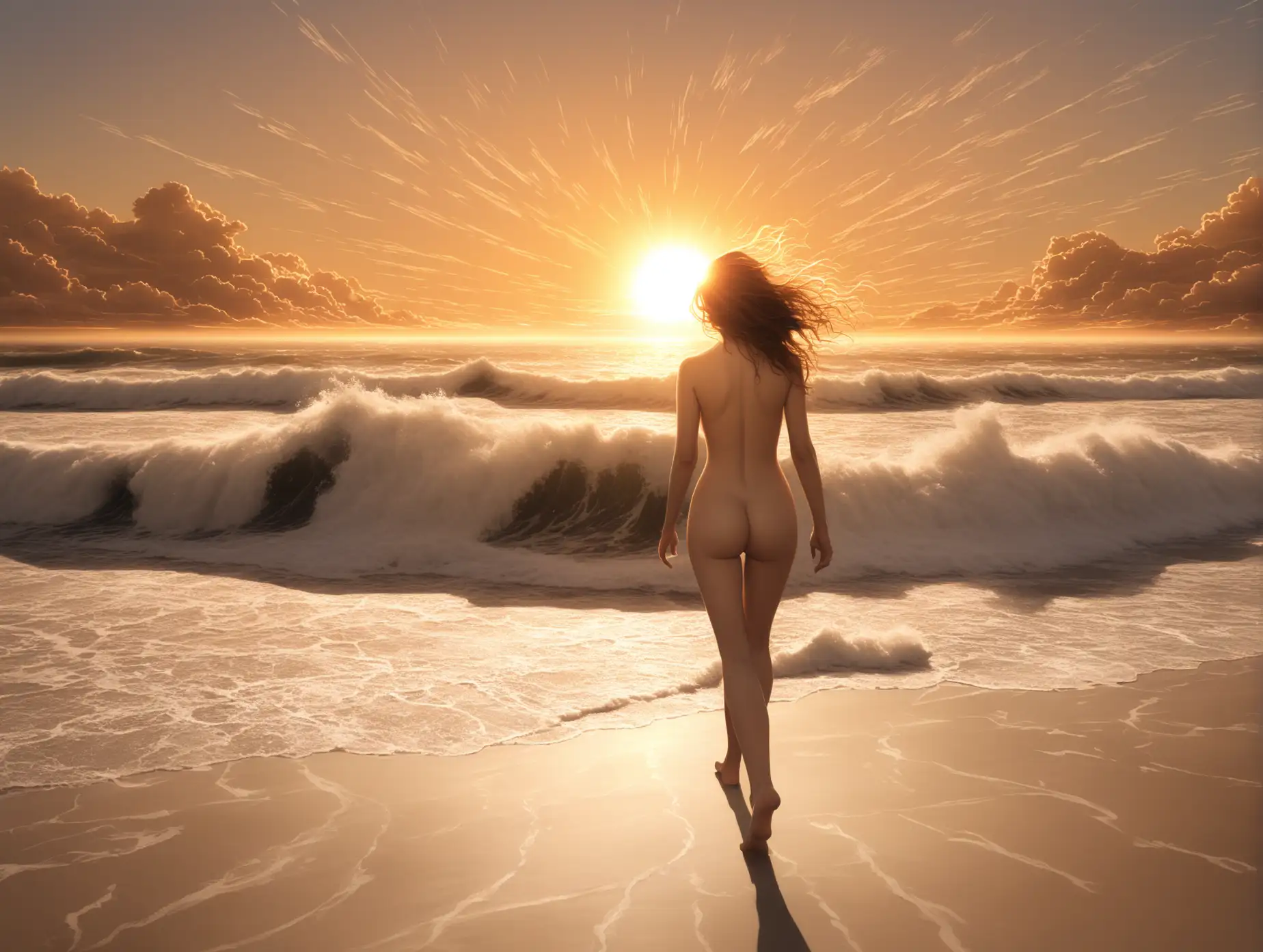 Create an image of a nude woman walking down the beach with the sun setting and waves crashing