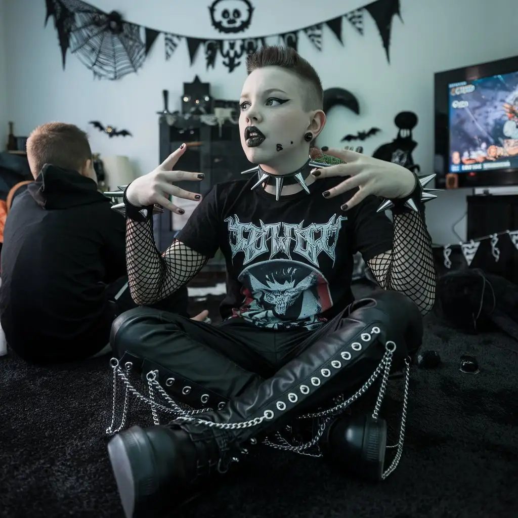 Gothic-Boys-Hanging-Out-in-Halloween-Decorated-Bedroom-Playing-Video-Games