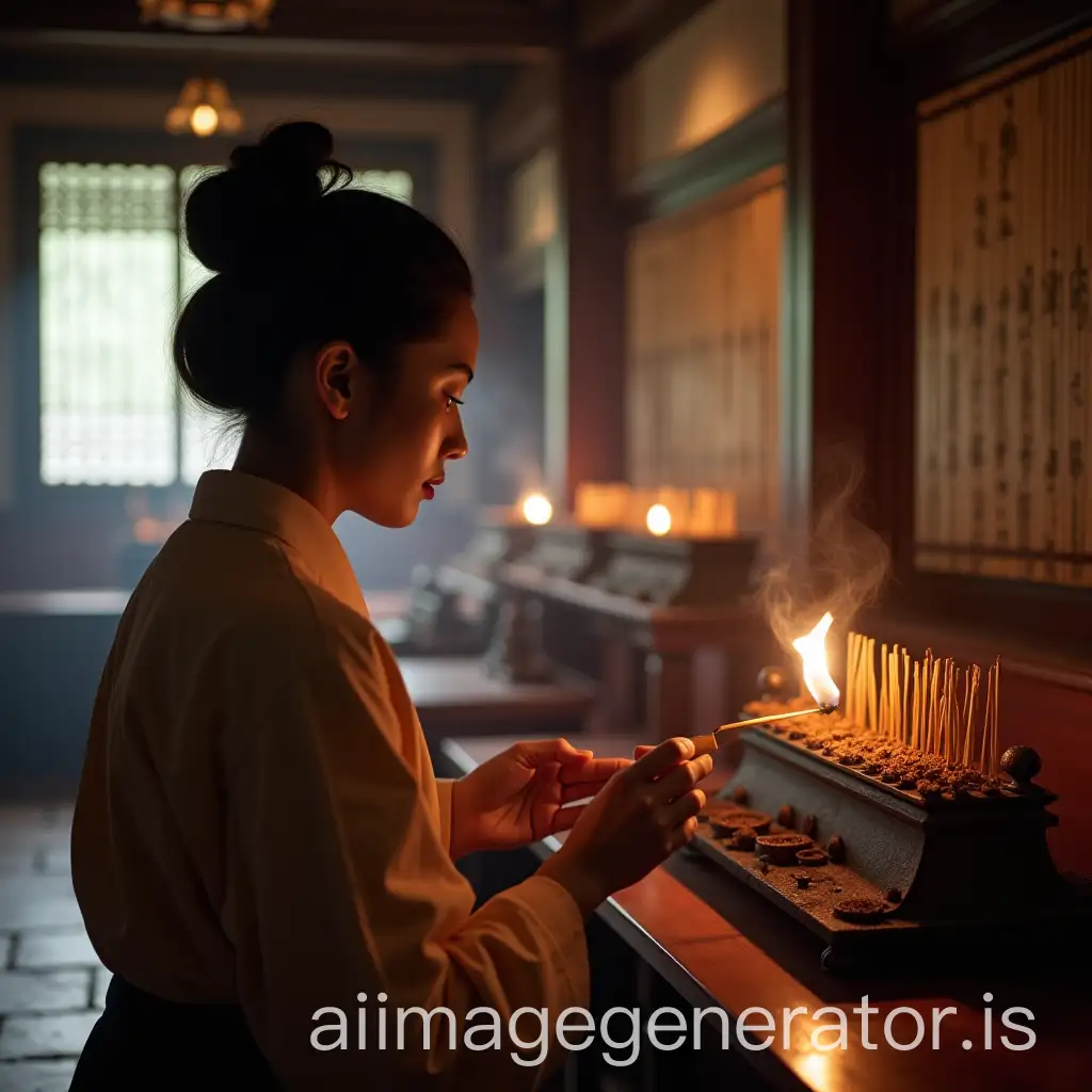 Japanese-Woman-Lighting-Incense-Sticks-in-a-Buddhist-Temple