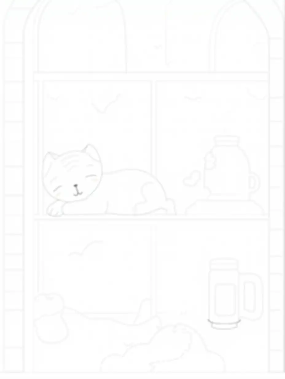 Cute-Cartoon-Cat-Sleeping-on-a-Windowsill-with-a-Cup-of-Milk-Black-and-White-Line-Art-for-Coloring-Book