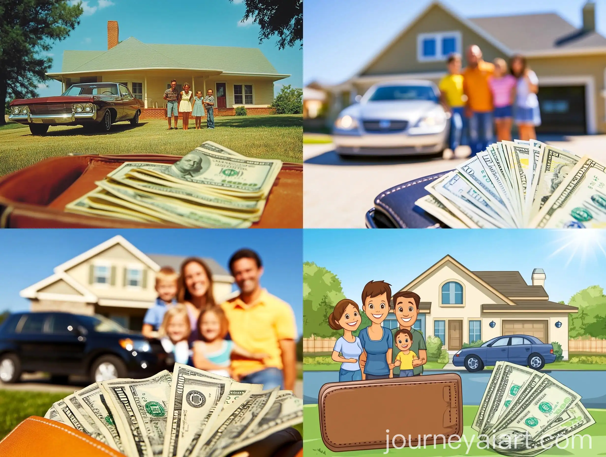 Happy-Family-with-Car-and-Money-in-Wallet-Outside-Their-Home
