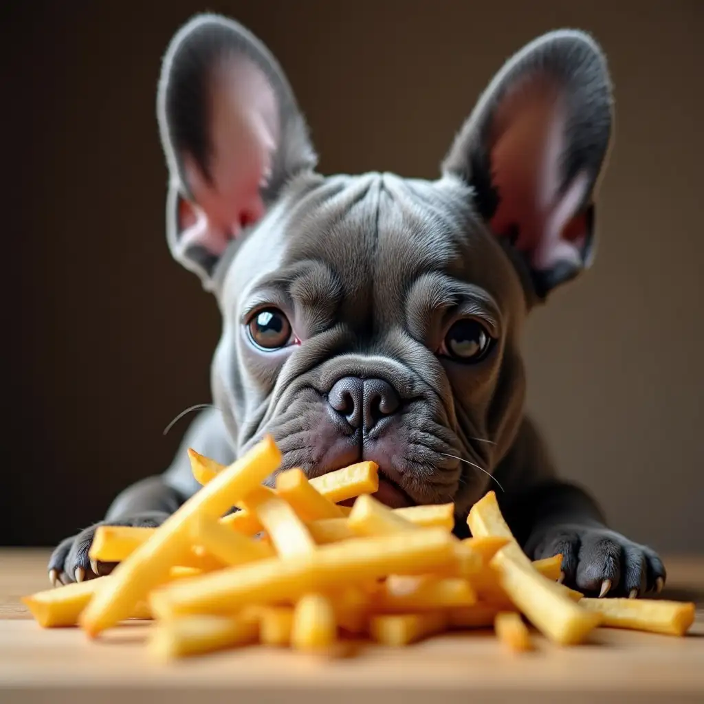 French bulldog grays eats French fries