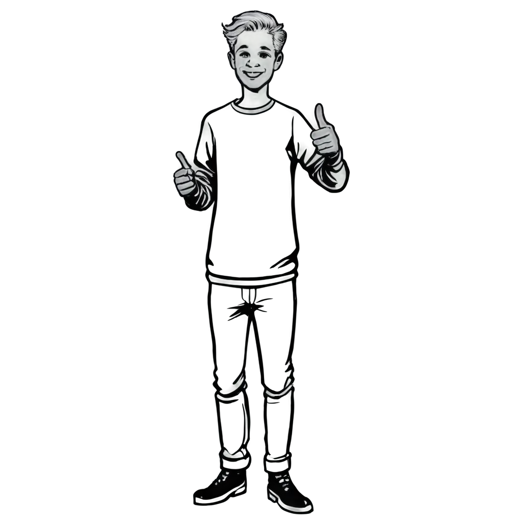 SEOFriendly-Black-White-2D-Caricature-PNG-of-Retro-Blond-Boy-Giving-Thumbs-Up