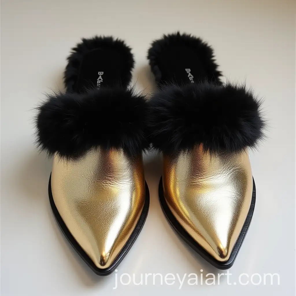 Womens-Metallic-Gold-Mule-Slipper-with-Pointy-Toe-Black-Silk-Cushioned-Interior-and-Faux-Fur