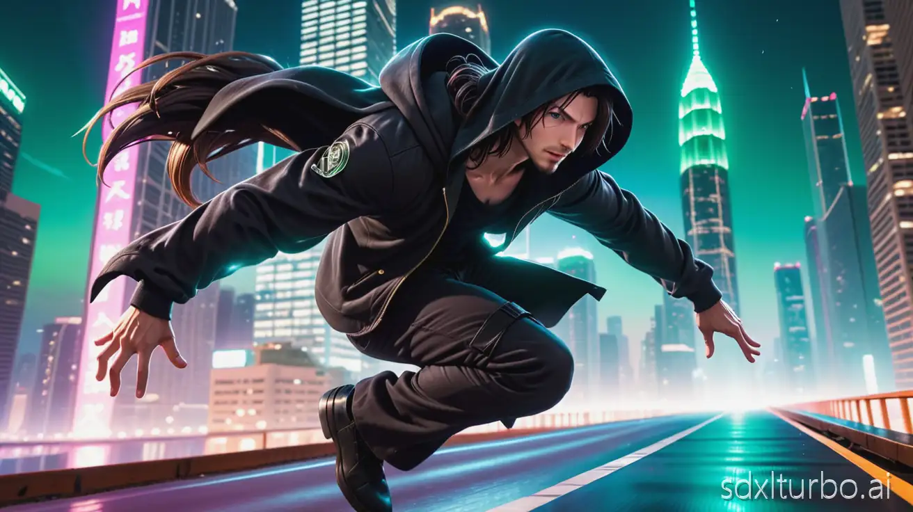 Anime-style action shot of a hooded male character with long flowing hair jumping off a skyscraper rooftop at extreme speed. The camera follows from slightly behind, focused sharply on the character, while the surrounding neon-lit dystopian skyscrapers stretch and blur dramatically to create a sense of velocity. Motion blur trails emphasize the rapid descent, cinematic lighting, dynamic perspective, epic anime scene.
