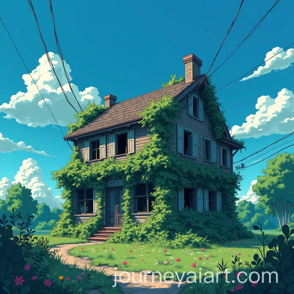 Abandoned-House-Overgrown-with-Nature-under-a-Blue-Sky-in-Anime-Art-Style
