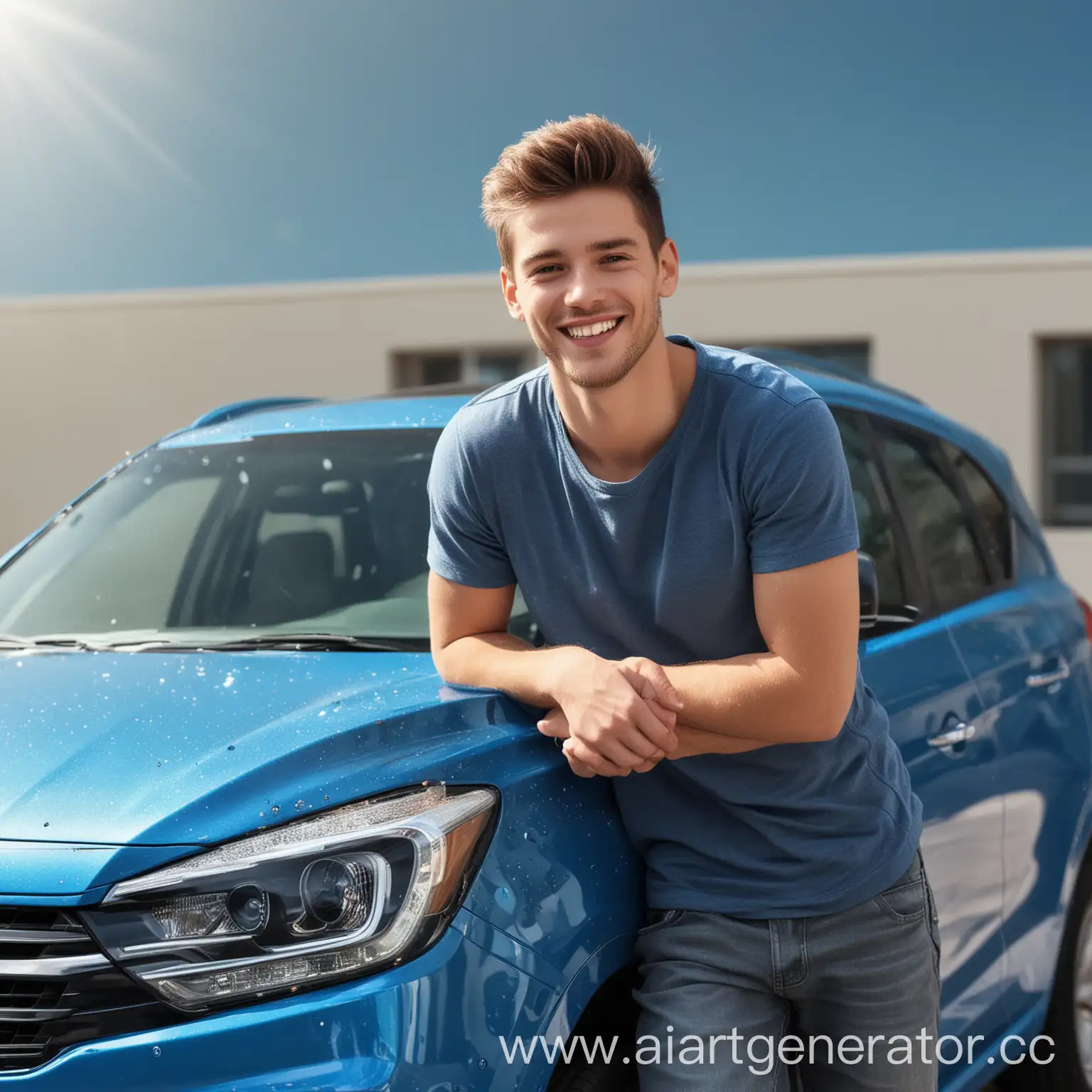 Happy-Young-Man-Standing-by-Sparkling-Clean-Blue-SUV