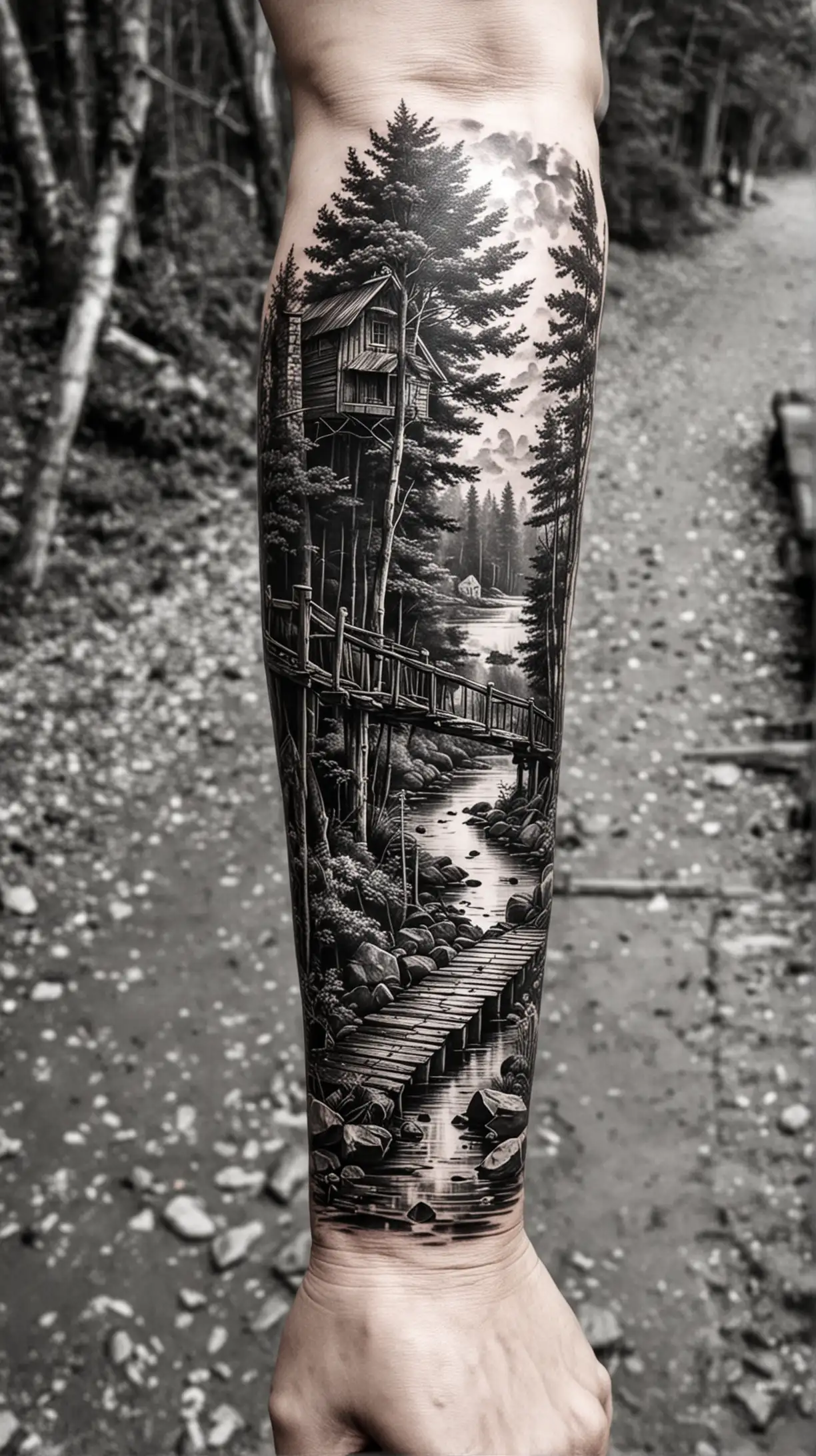 Black and White Forest Tattoo with Wooden Bridge