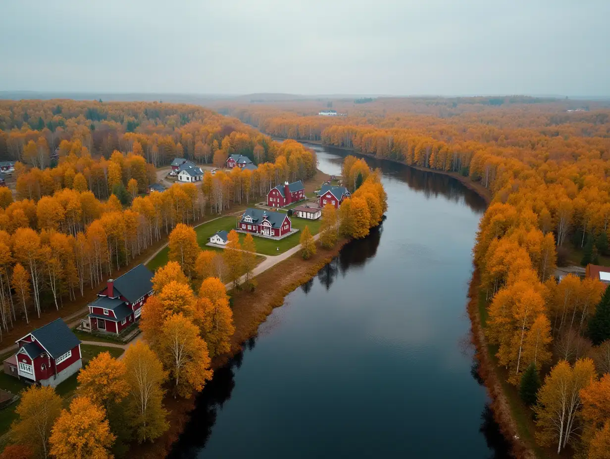 Aerial view drone flying around little village on riverside old buildings in autumn landscape, colorful forest orange yellow foliage of birch trees beautiful countryside near pond, Porogi, Ural