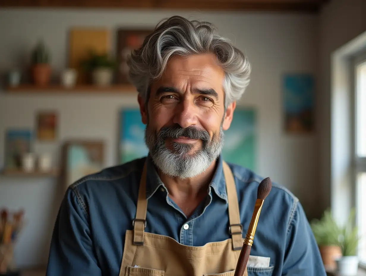 Handsome hispanic mature man with grey hair in a studio, wearing an apron and holding a paintbrush.