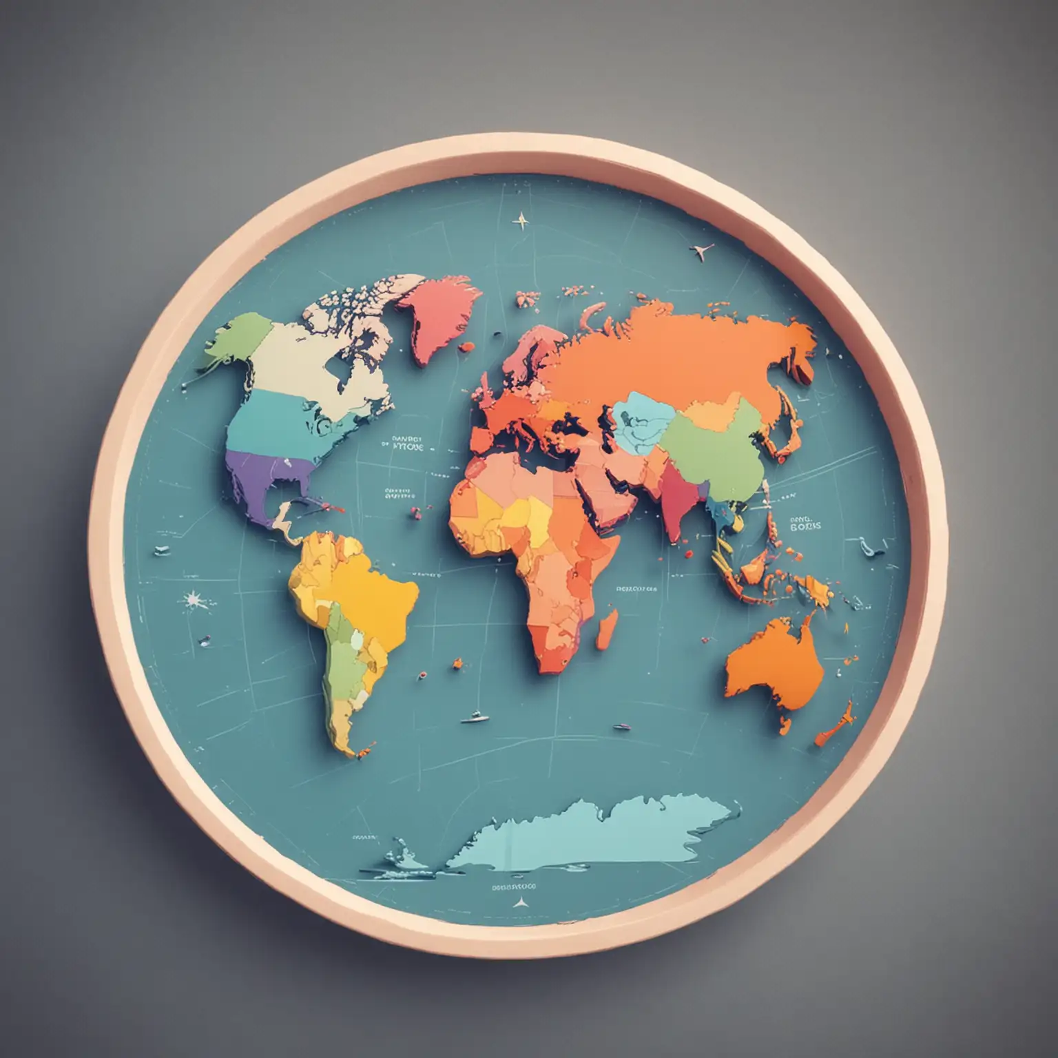 Colorful-3D-World-Map-in-Linear-Design-Vibrant-and-Playful-Round-Icon