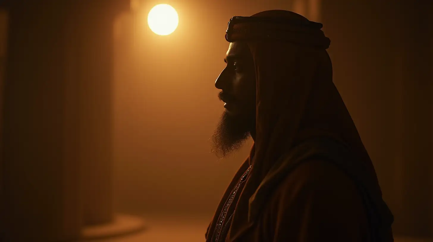 Enigmatic Man in Middle Eastern Attire Hovering in an Egyptian Atmosphere