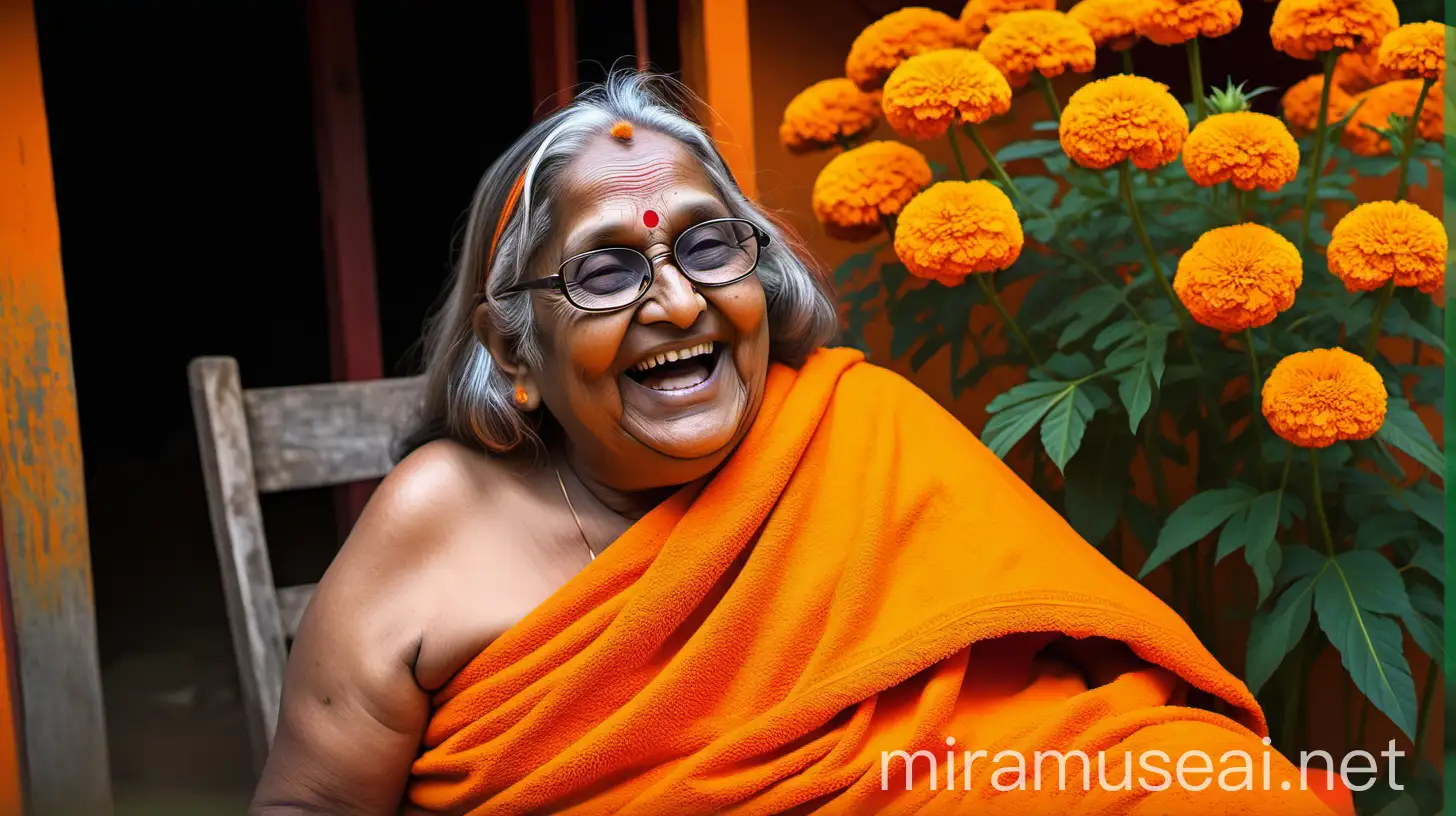 Elderly Hindu Woman Monk Laughing in Marigold Garden at Night