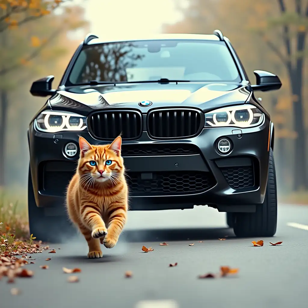 tinted glasses, enormous black BMW X5M chases a shaggy ginger cat, who runs in fear along the road, with blue eyes, drawing