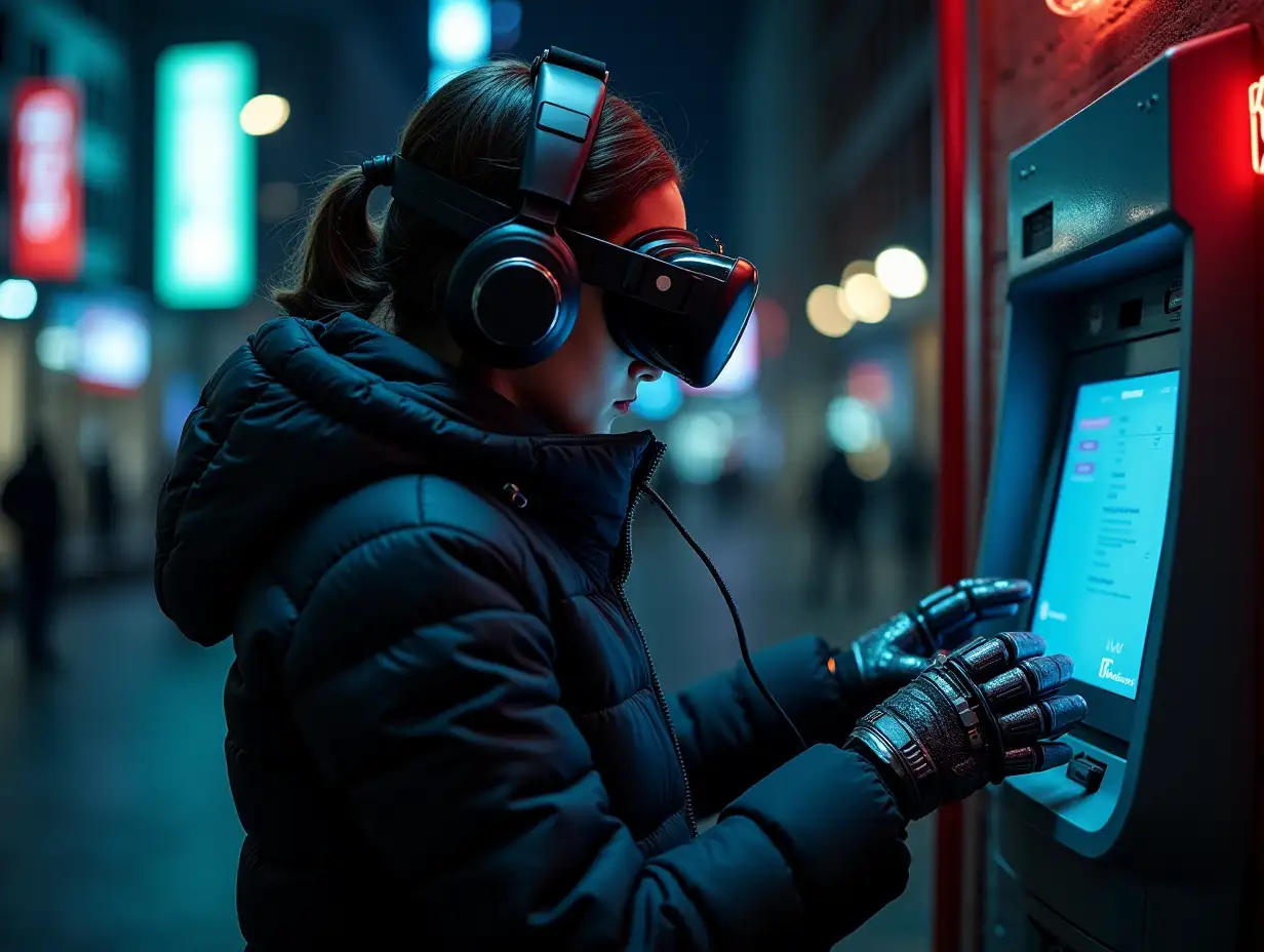 a young stealth techwear female hacker on a street at night, programming atm machine, hands covered, wearing puffer jacket, cybernetic headband, vr goggles, headphones, smartwatch over full electronic gloves, overflowing with wearable cyberpunk hardware, many wires connected from atm to gloves