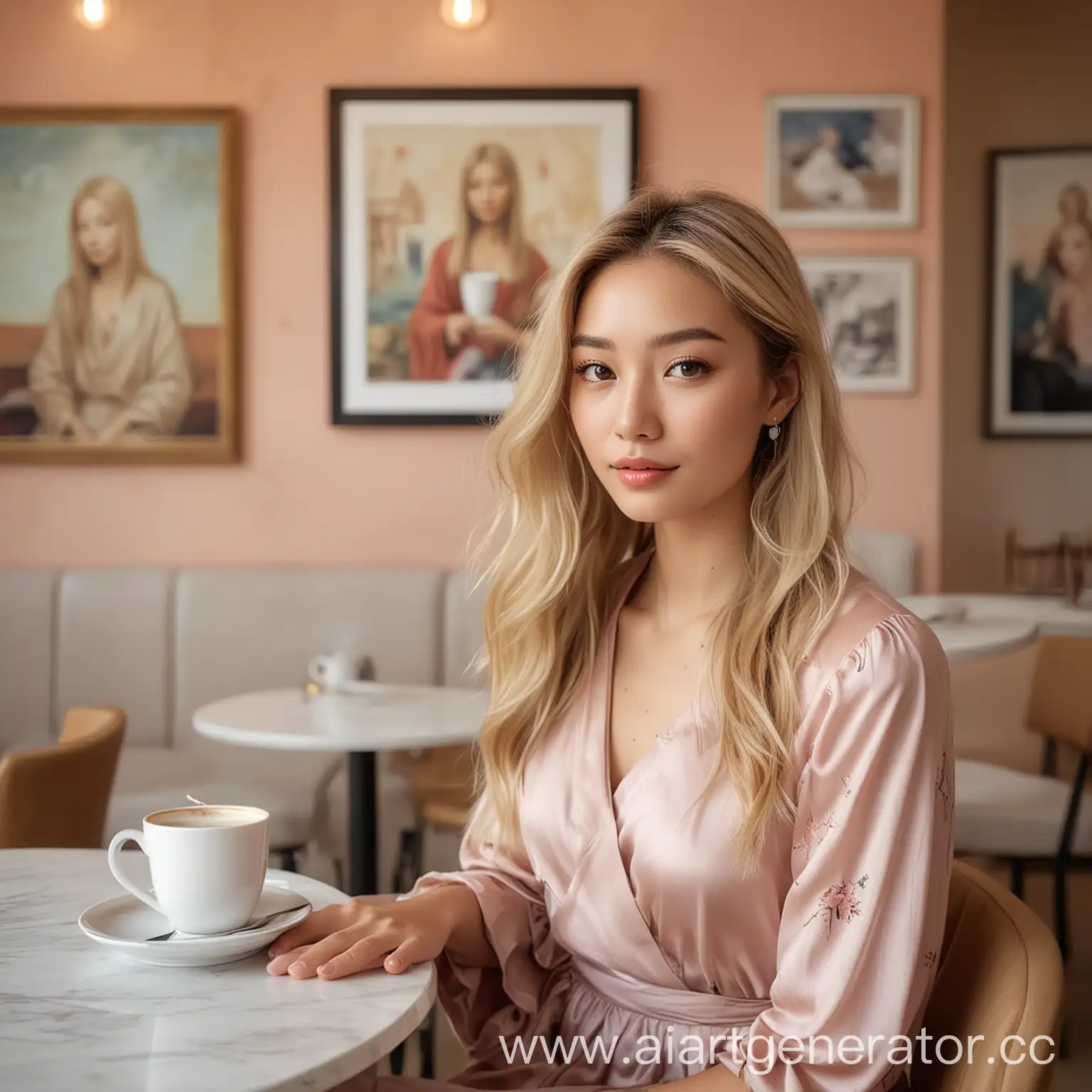 A confident blonde woman with long hair and slightly almond-shaped brown eyes, with subtle Asian features, is sitting in a chic art gallery café. The café is filled with modern art pieces and light, contemporary frescoes in pastel tones on the walls. She is wearing a light silk dress, perfectly complementing the artistic vibe of the space. The lighting is soft and diffused, highlighting her relaxed pose as she enjoys a cup of coffee. The atmosphere is creative and sophisticated, with stylish furniture and modern art adding to the overall charm.