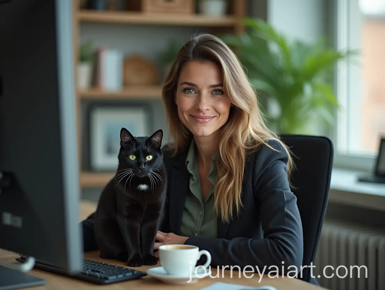 GreenEyed-Female-CEO-in-Office-Setting-with-Black-Cat-and-Coffee-Cup