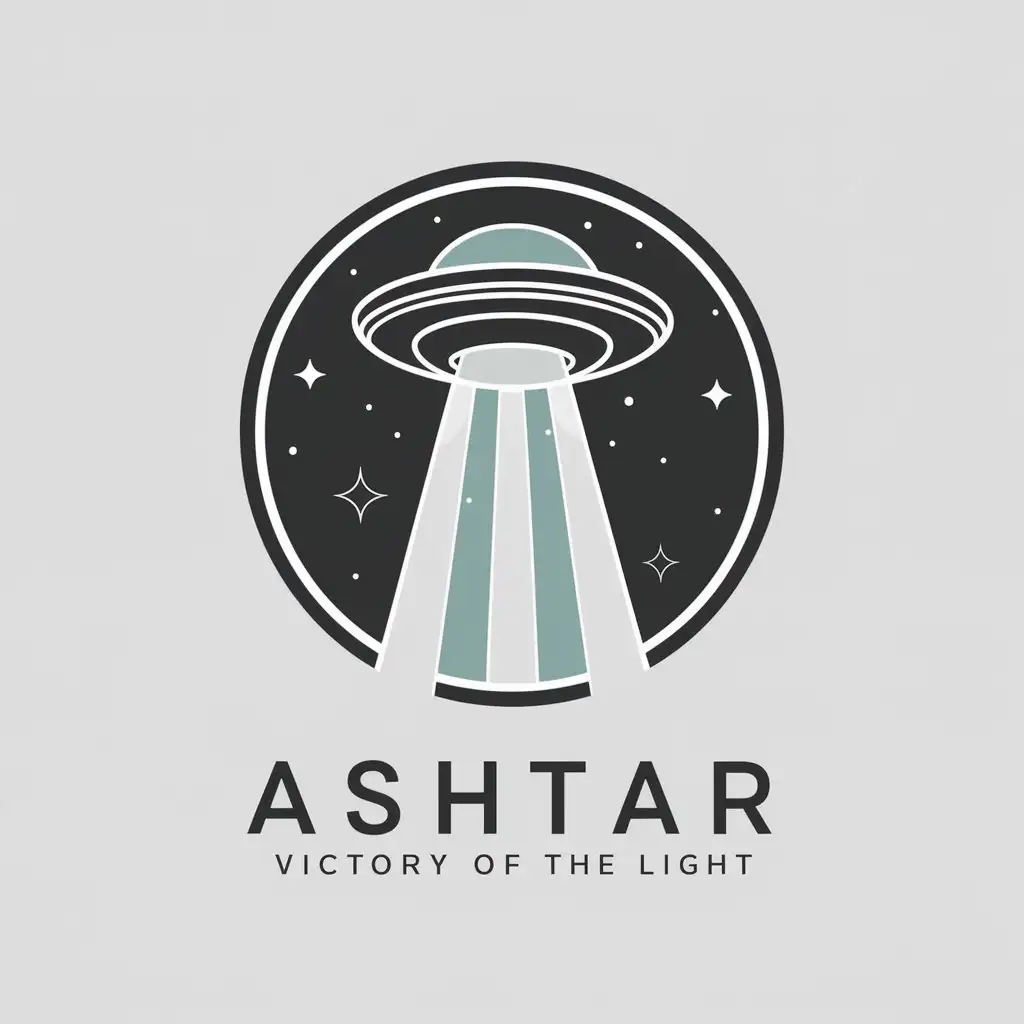 a vector logo design,with the text "Ashtar，Victory of the light", main symbol:Space, vast, UFO, beam of light, stars, future feel,,complex,clear background