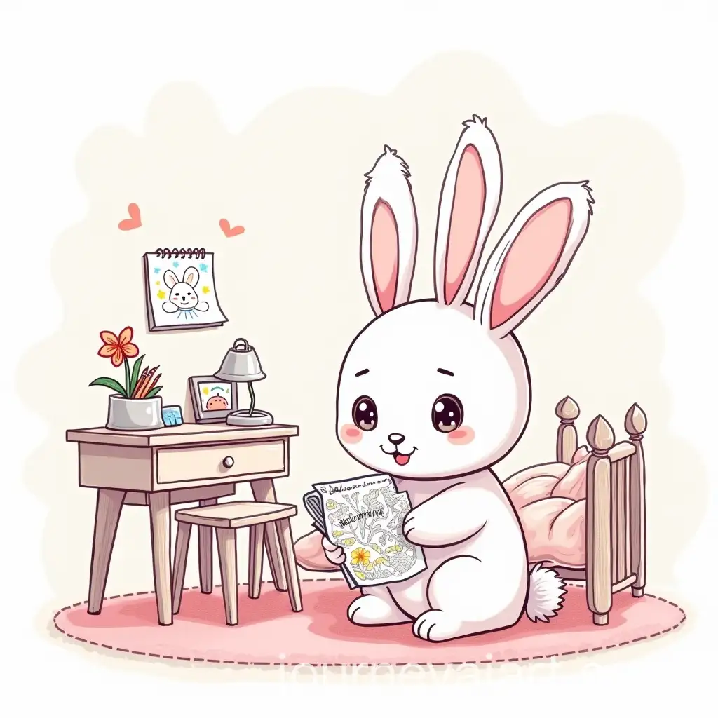 Cute-Little-Rabbit-in-Colorful-Bedroom-with-Desk-and-Bed-Decorations