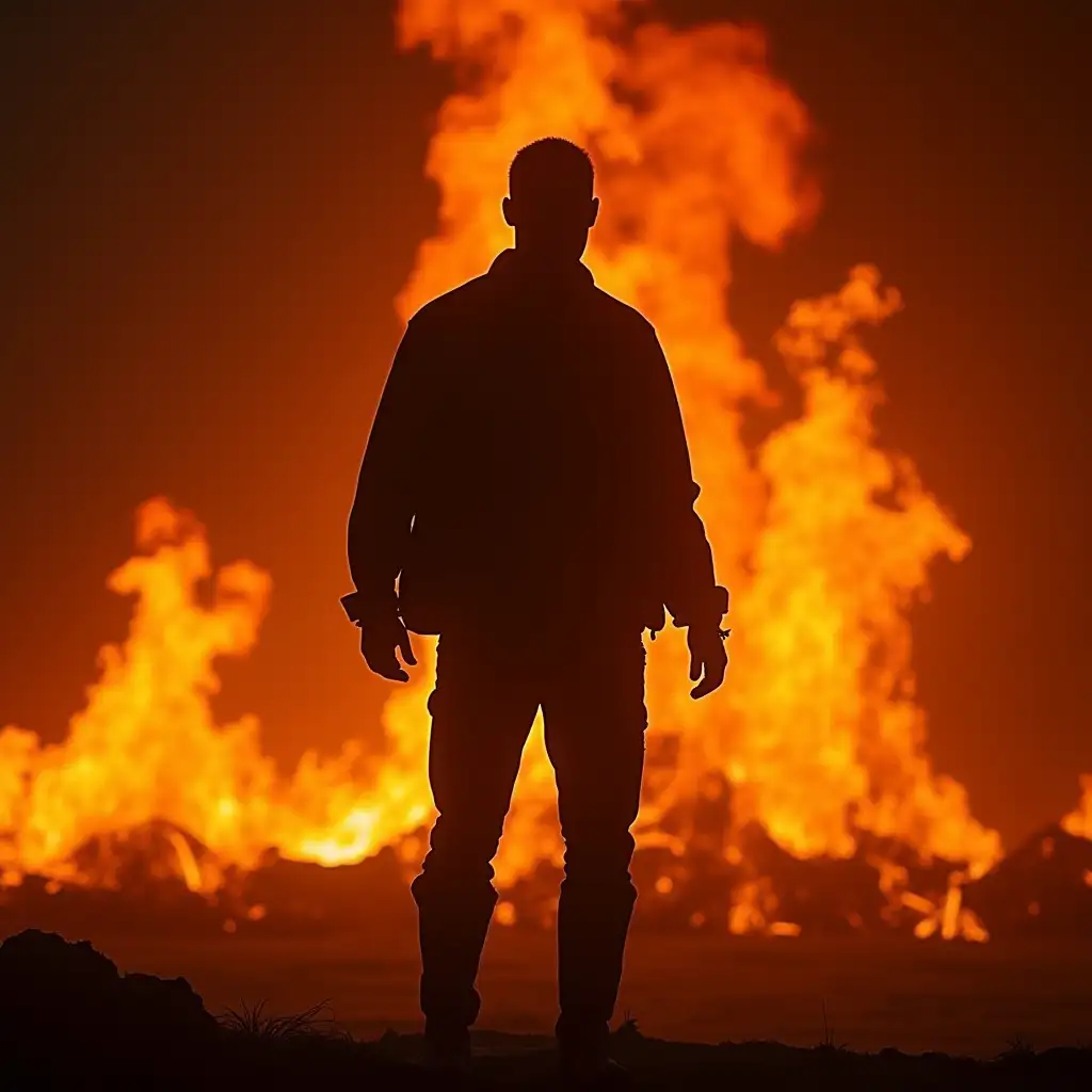 Man Emerging from Hellfire in Silhouette Stark Realistic Flames