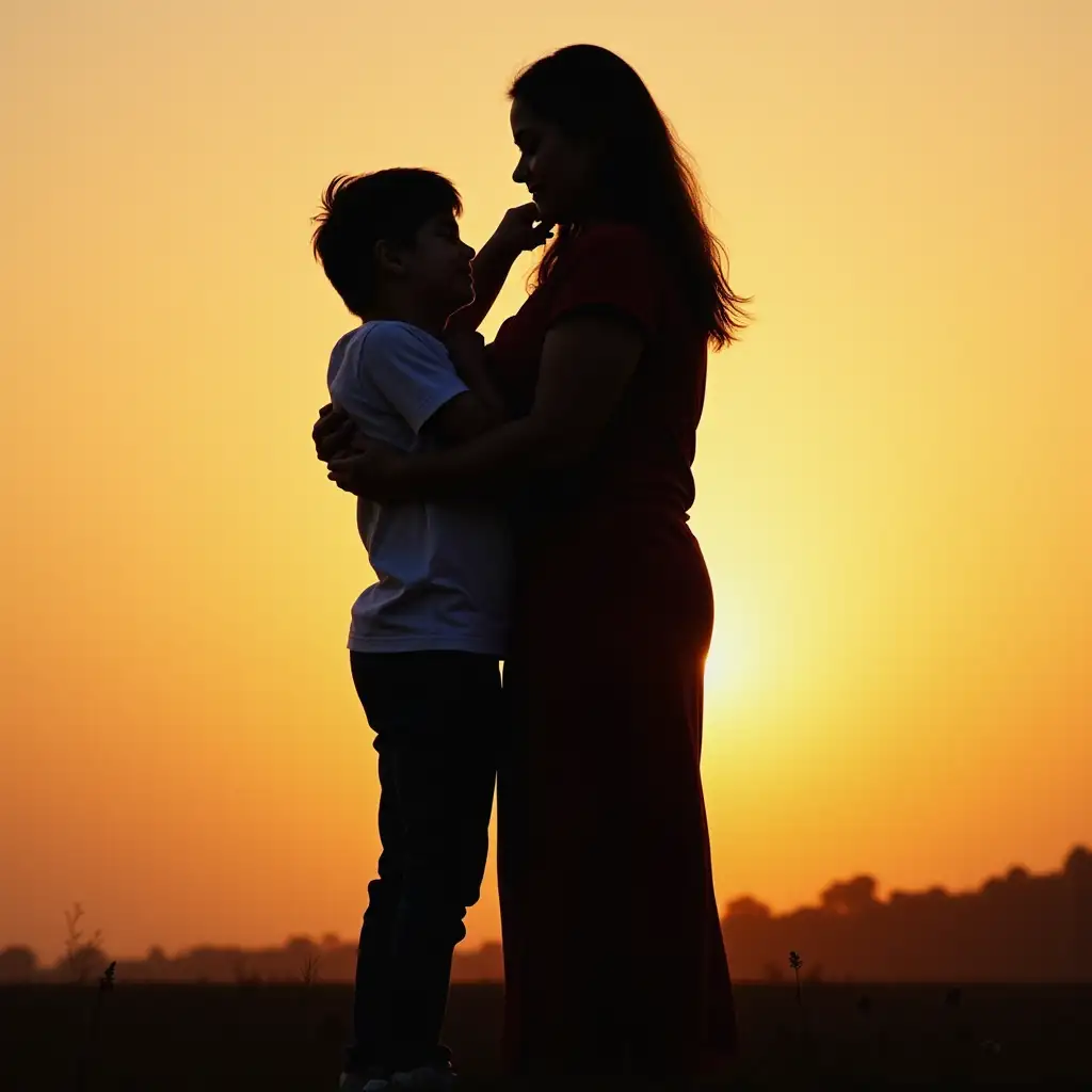 A silhouette of a woman embracing a boy and her daughter