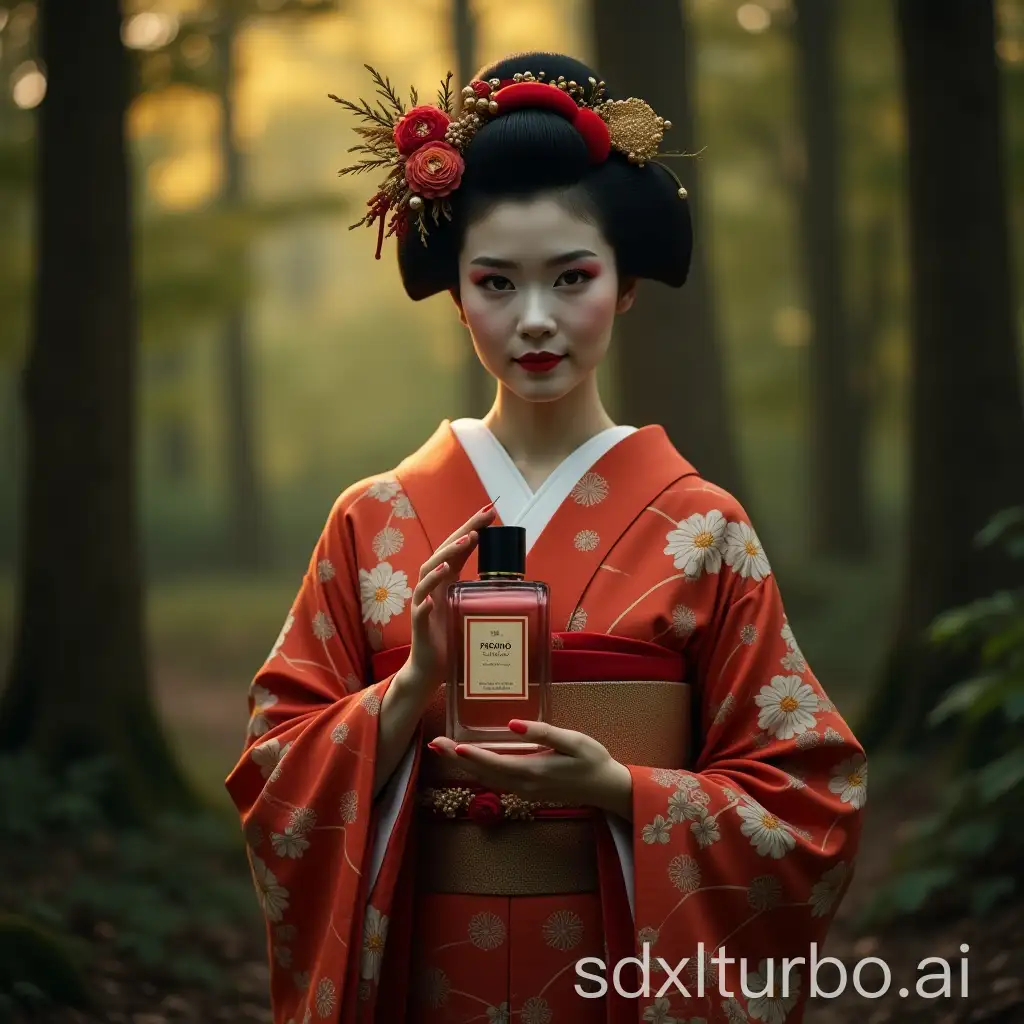 Geisha-Presenting-Luxury-Perfume-Bottle-in-a-Mystical-Forest-Setting