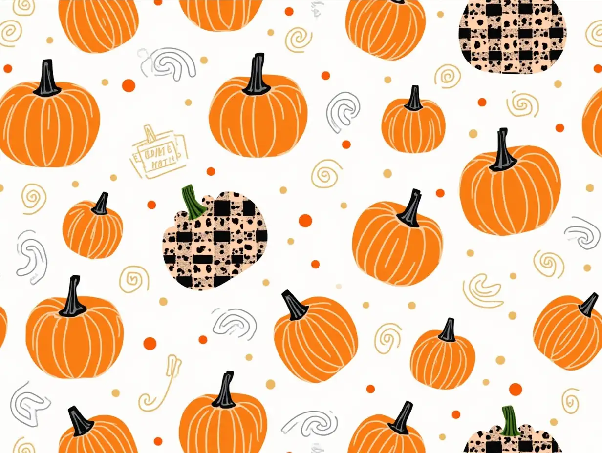 A seamless pattern featuring orange pumpkins with various textural elements. The pumpkins are decorated with black and white plaid and leopard print patterns. Random dots and squiggles are scattered throughout the background. The image should have a bold, playful aesthetic with contrasting colors and dynamic shapes. Detailed textures are essential, such as the roughness of the plaid, the smoothness of the leopard print, and the jaggedness of the squiggles.