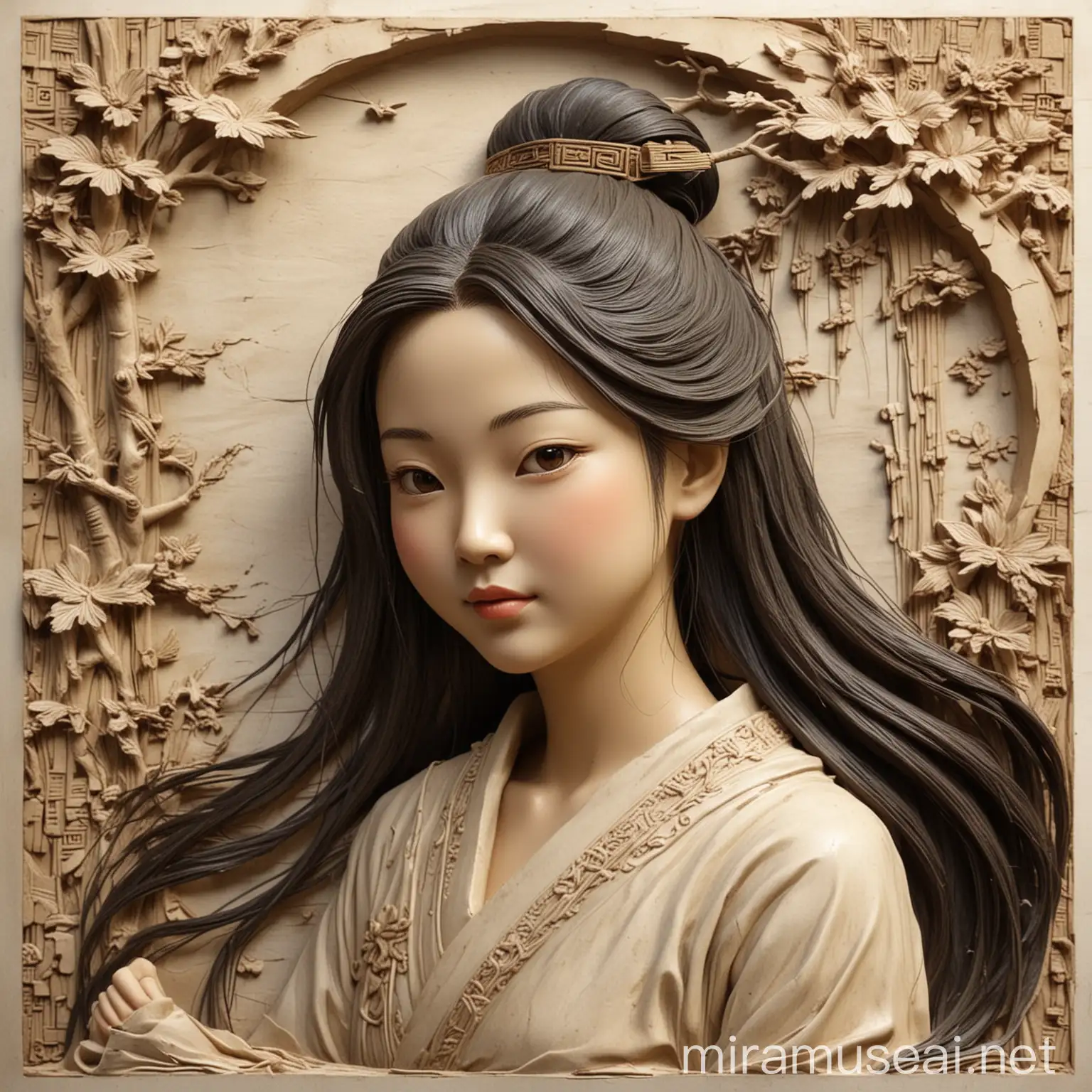 Chinese Girl in BasRelief with Long Hair