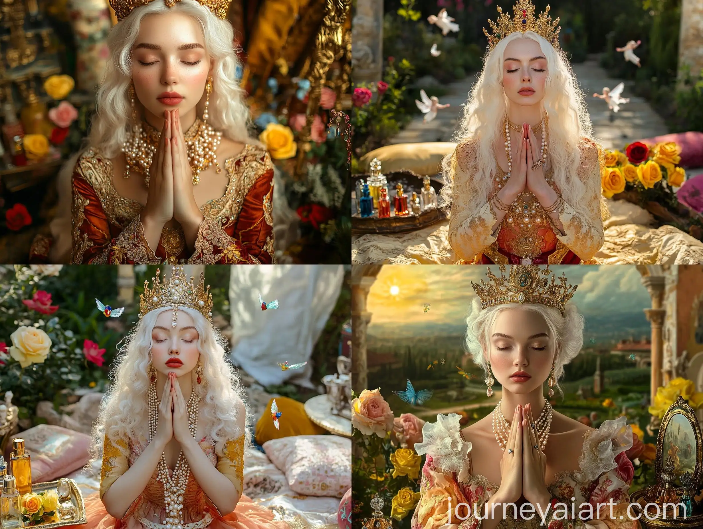 Medieval-Woman-in-Coral-Dress-Praying-in-Luxurious-Sunset-Garden