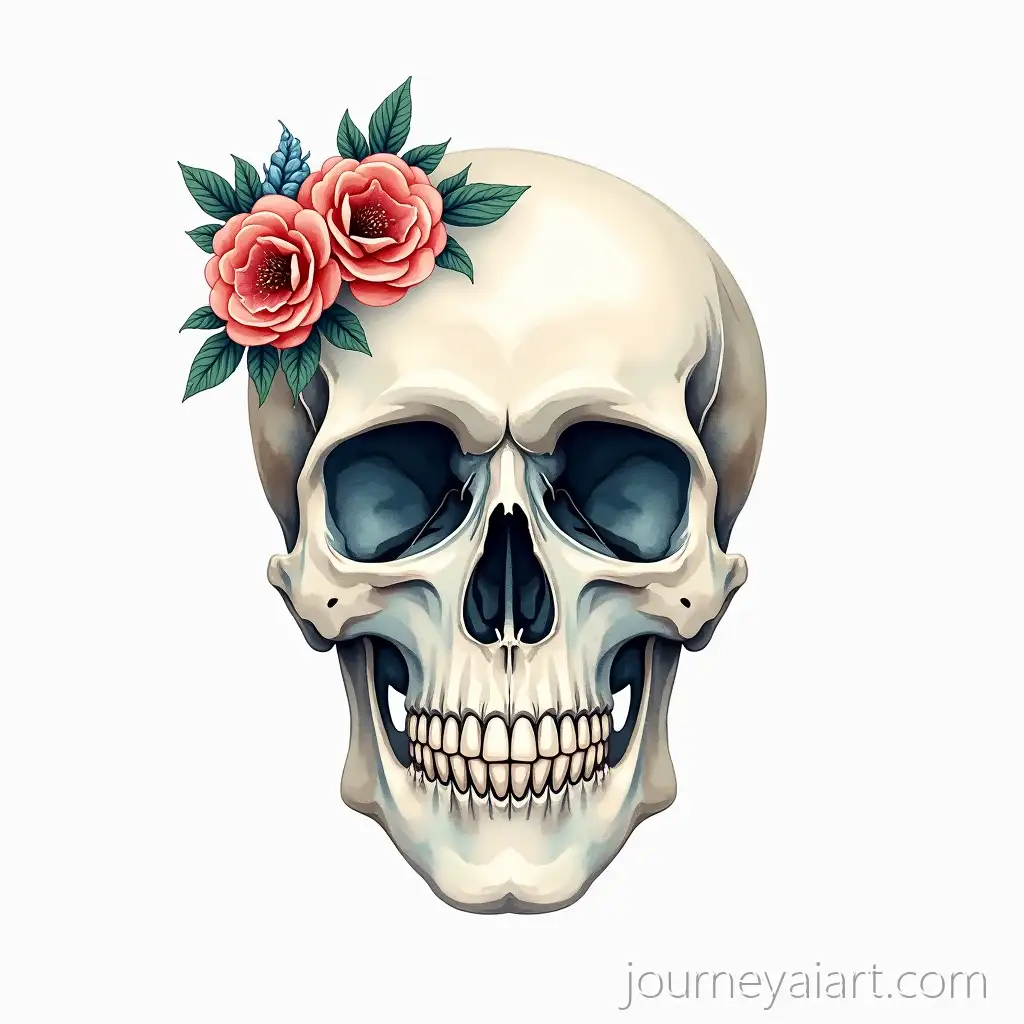 Watercolor-Skull-Adorned-with-Vibrant-Flowers-in-Artistic-Composition