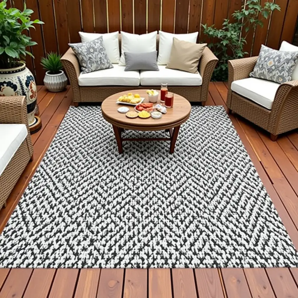 an outdoor space with wood flooring, an outdoor rug with a black and white geometric design, rattan sofa and chairs. There are several cushions on the sofa and a few decorative items. Between the sofa and chairs, there is a round wooden coffee table with snacks placed on it. The background shows wooden fencing and some green plants. Outdoor rug is 90% of the picture