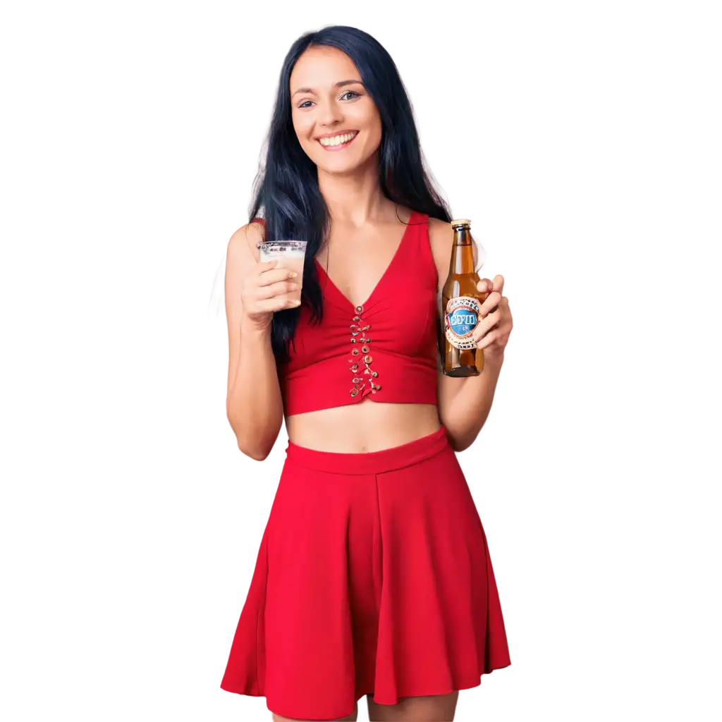 PNG-Image-of-a-BlackHaired-Woman-in-a-Red-Dress-Holding-a-Beer-and-Smiling