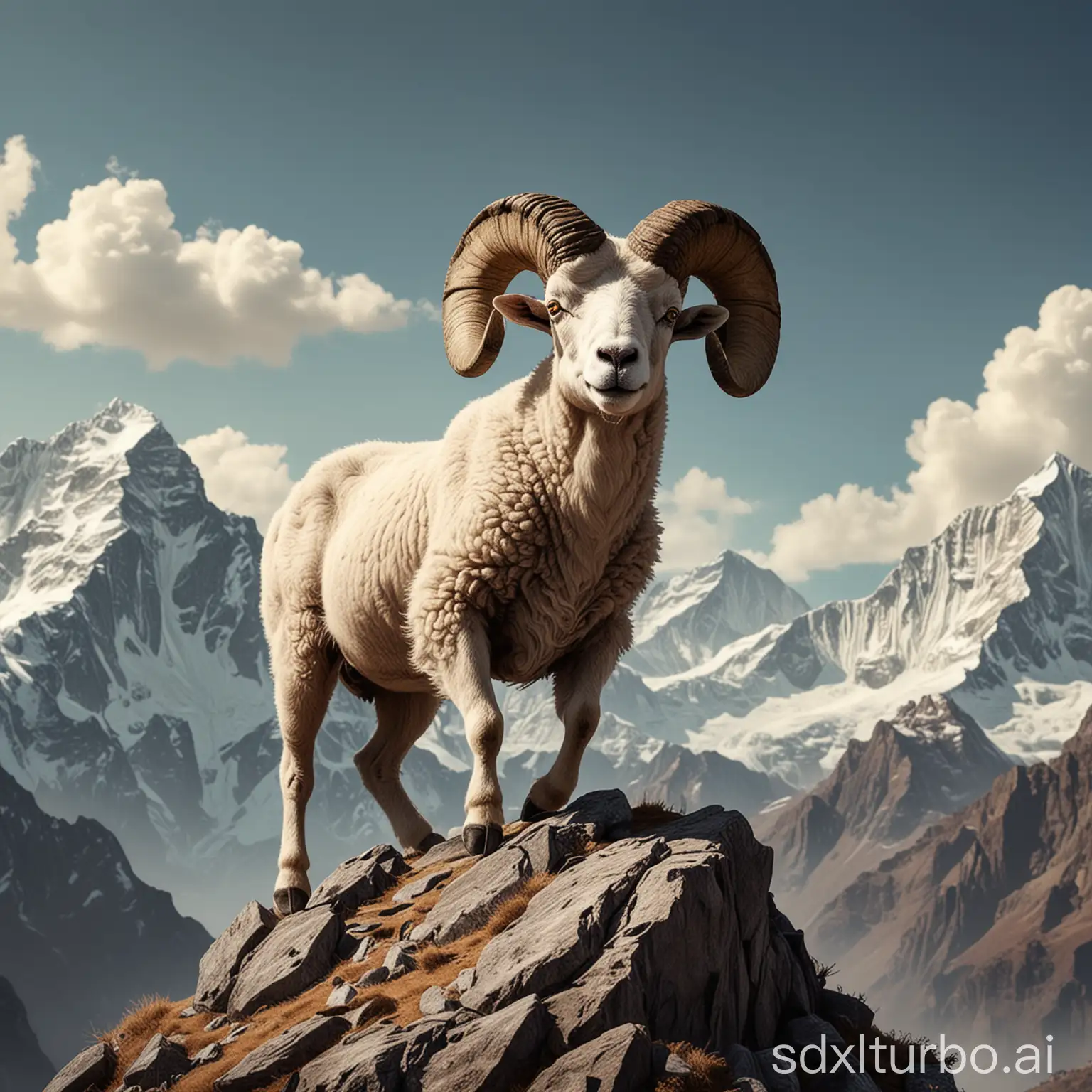 a ram climbing the Himalayas showing its strength and vigor in animated drawing