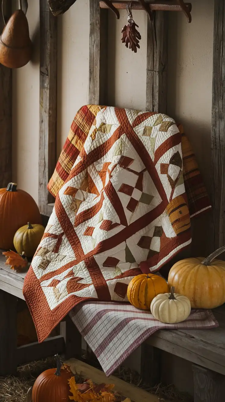 Rustic, warm photograph of an Autumn Harvest Spice Quilt Kit, art tone, rich oranges, reds, browns, and gold fabrics in a traditional patchwork pattern, quilt folded on a wooden bench with pumpkins and gourds beside it, soft, diffused indoor lighting, cozy atmosphere, high detail, 8k