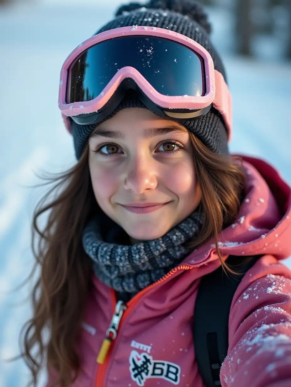 14-year-old girl snowboarding, phone selfie, realism , ordinary lighting, brown eyes, dark hair