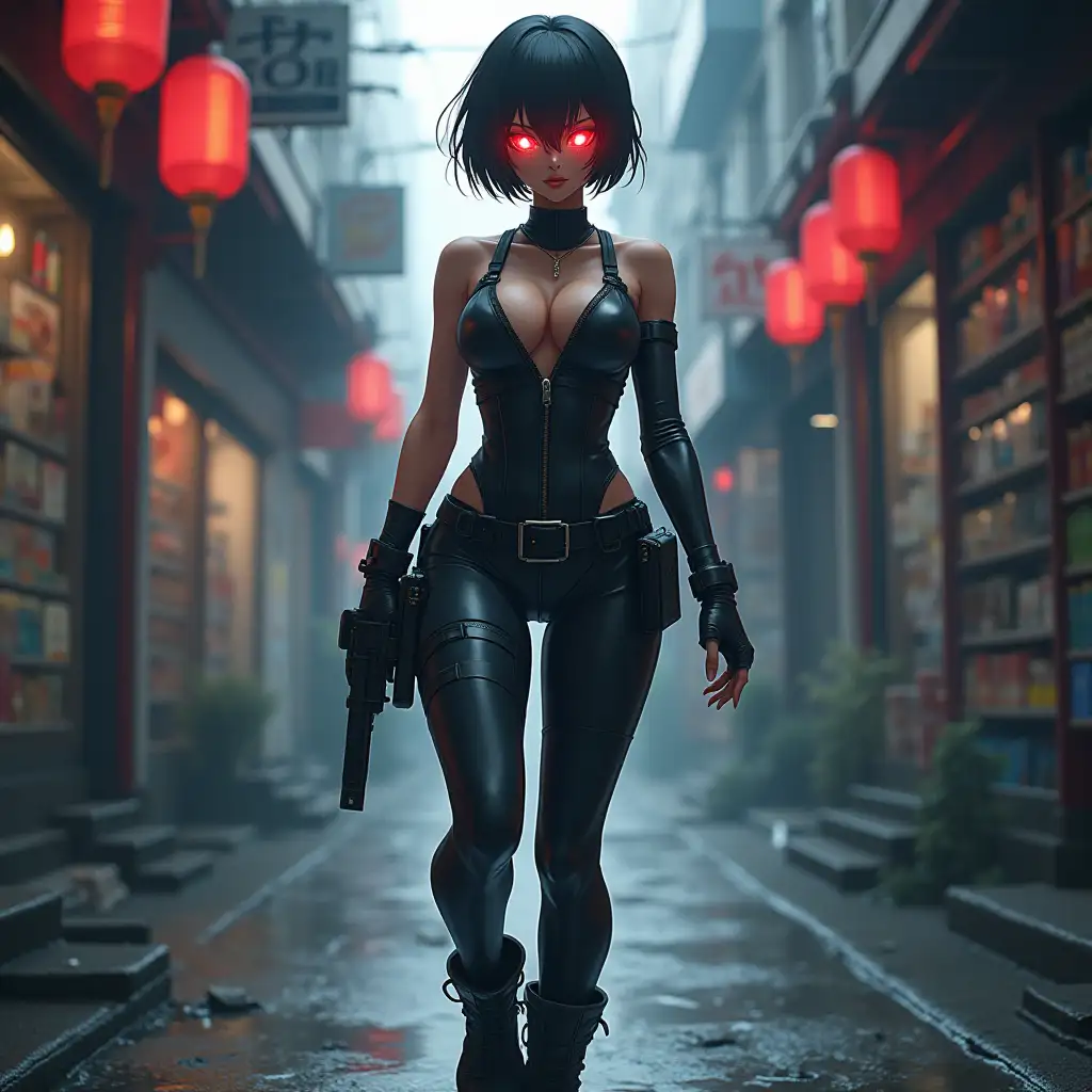 Short hair, mature Asian woman thief cyber runner in a dynamic full-length pose, eyes with red electronic pupils, large breast, extreme skintight body glove zipped down with cleavage, combat boots and combat belt. Full view of her body from boots up, low wide angle. Future store filled city alley street. Anime