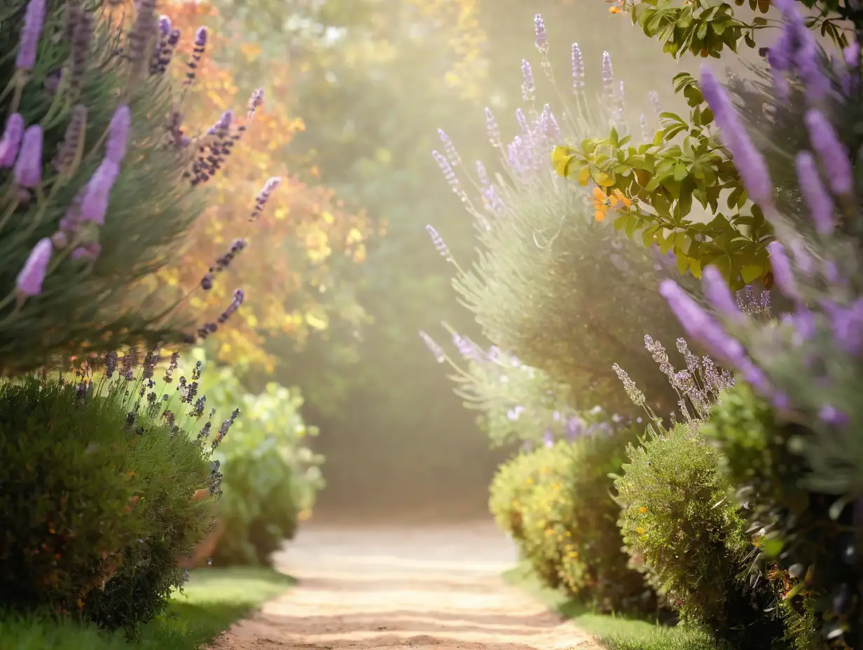 Natural Light Path Through Autumn Garden with Lavender Flowers